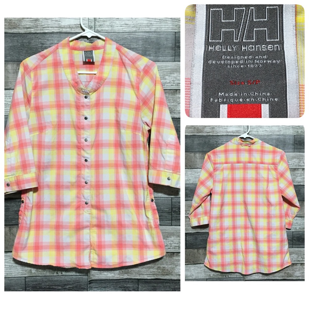 Helly Hansen Plaid Snap Button Shirt Women’s S Pink Yellow 1/2 Sleeve Collarless